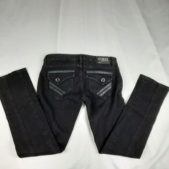 GUESS Jeans Starlet black W27 red label skinny asymmetrical pockets leather trim - Picture 7 of 14